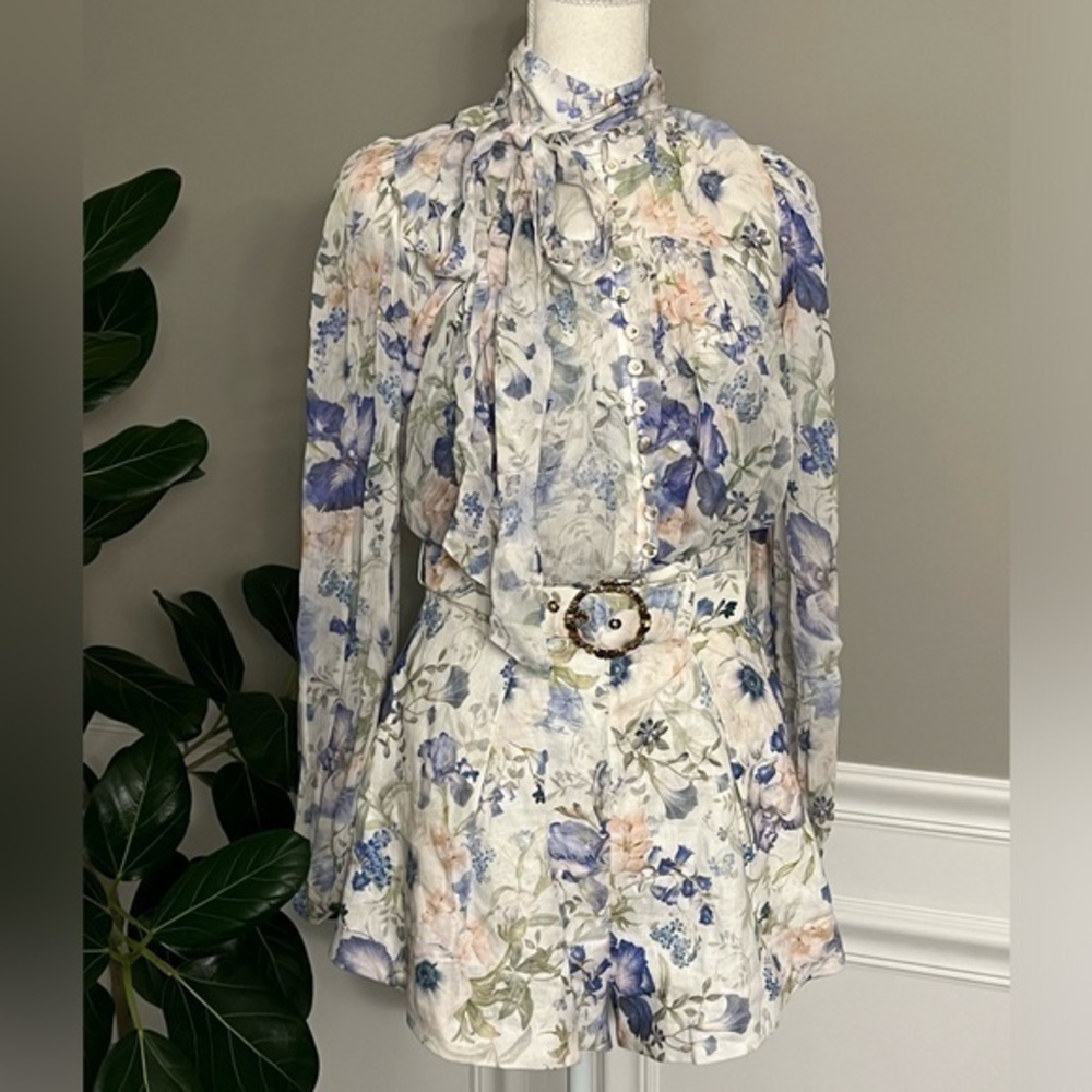 Zimmermann Floral Natura Tie Neck Billow Top in Blue Garden Print Shirt NWT 695$